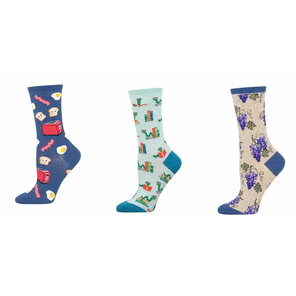 NEW SOCKSMITH women's good morning & bookworm & one fine vine socks - set of 3 p